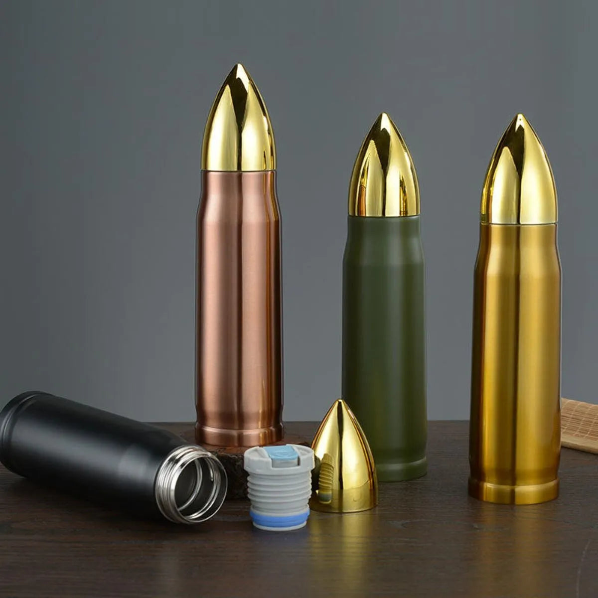 Four Different colors of Metallic Ammo shaped Bottles - Tinyminymo