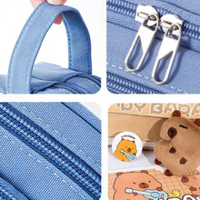 Load image into Gallery viewer, Collage of Blue Capybara Pencil Pouch Showcasing its Features - Tinyminymo