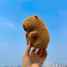 Load image into Gallery viewer, Hand holding a Capybara Plushie on a Clear Blue Sky - Tinyminymo