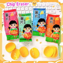 Load image into Gallery viewer, Four colorful packages of Chips Eraser on a white surface - Tinyminymo