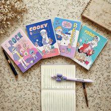 Load image into Gallery viewer, Four Cool Boy Pocket Diary Designs on a Textured surface with a Pen and Notebook - Tinyminymo