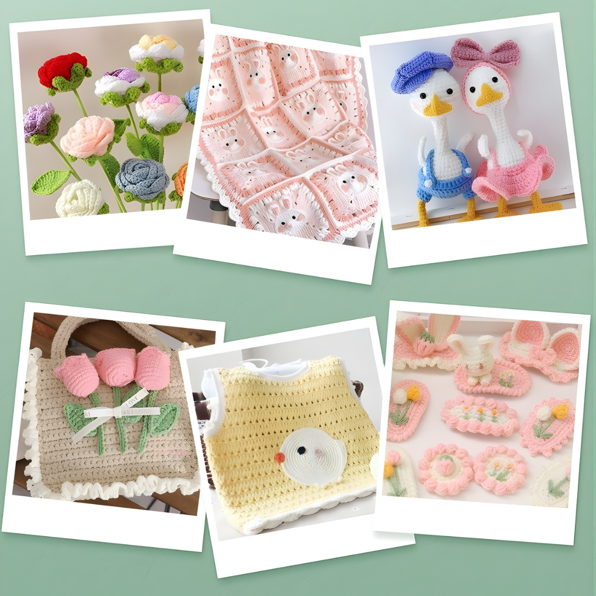 Collage of Various Crocheted items including Flowers, a Blanket and Toys - Tinyminymo