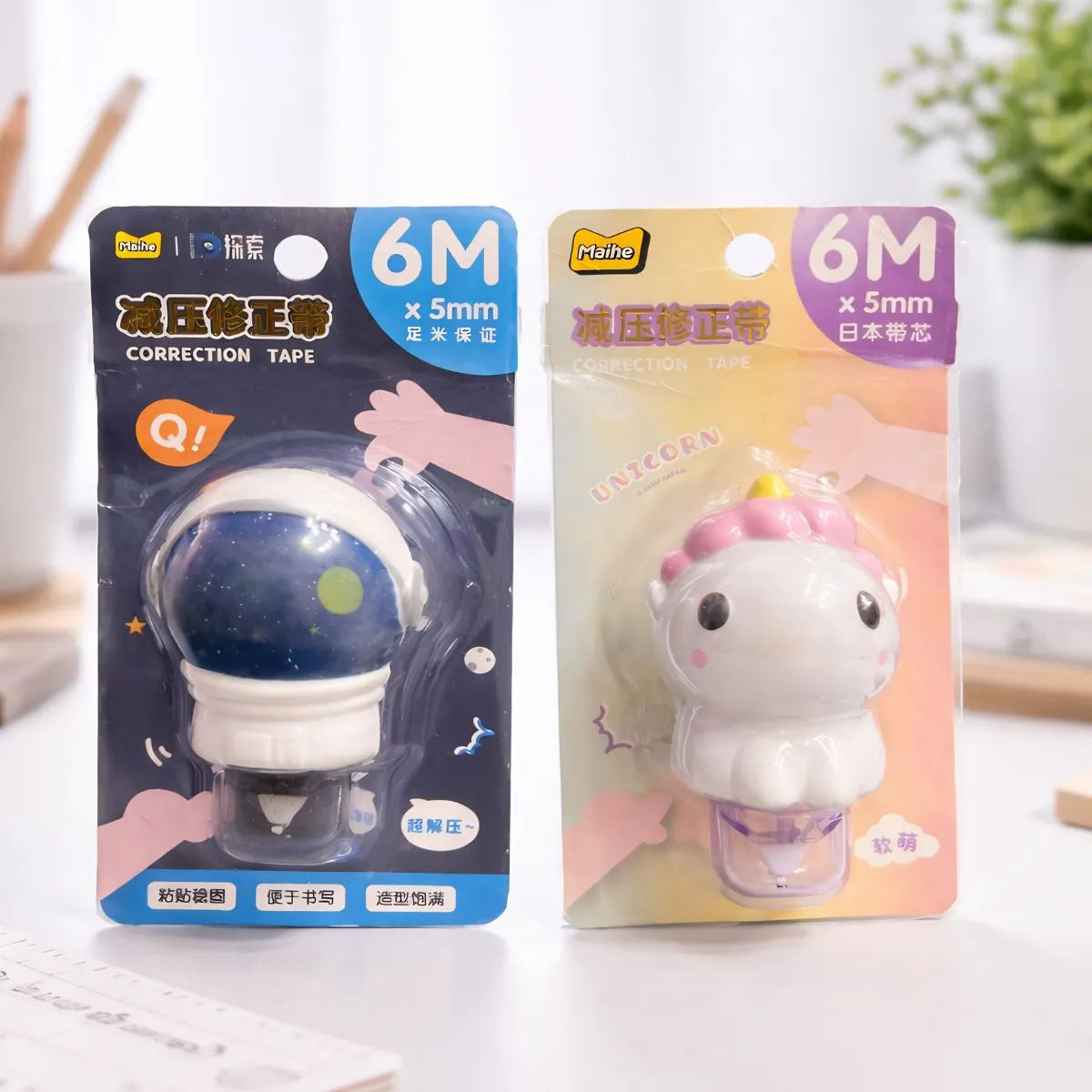 Two Packages of Correction Tape with Astronaut and Unicorn Designs - Tinyminymo