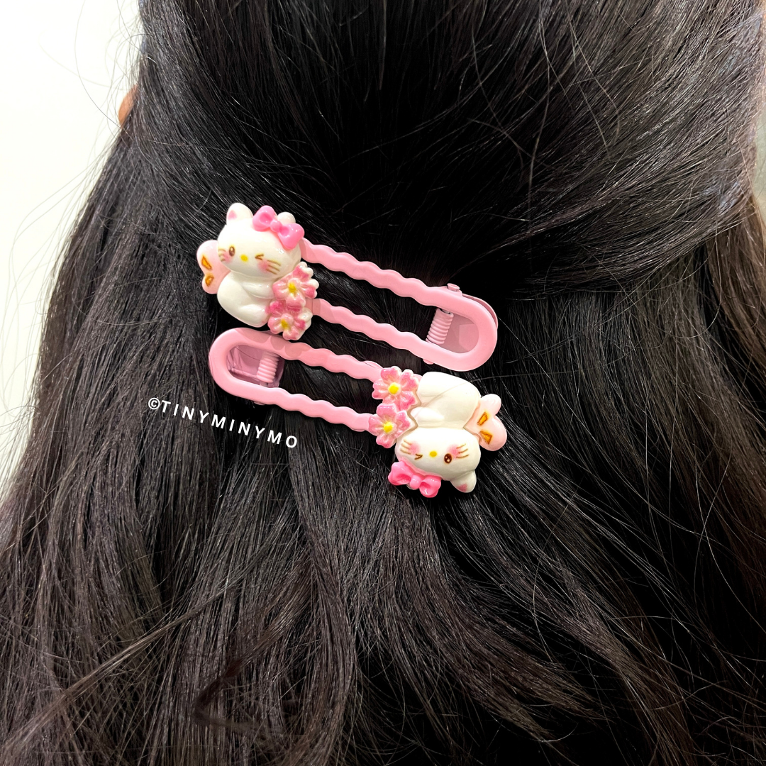 Pink Cute Kitty Hair Clips with Cat Designs on Dark Girl Hair - Tinyminymo