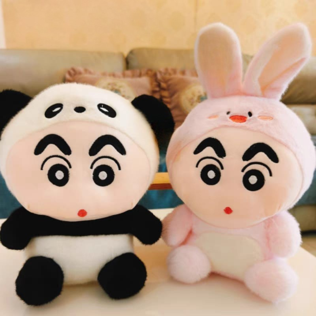 Two Cute Shin-chan Soft Toys Resting in Front of a Couch in Different Designs - Tinyminymo