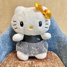 Load image into Gallery viewer, Hello Kitty Soft Toy with a Golden Bow and Star-patterned Black Dress - Tinyminymo
