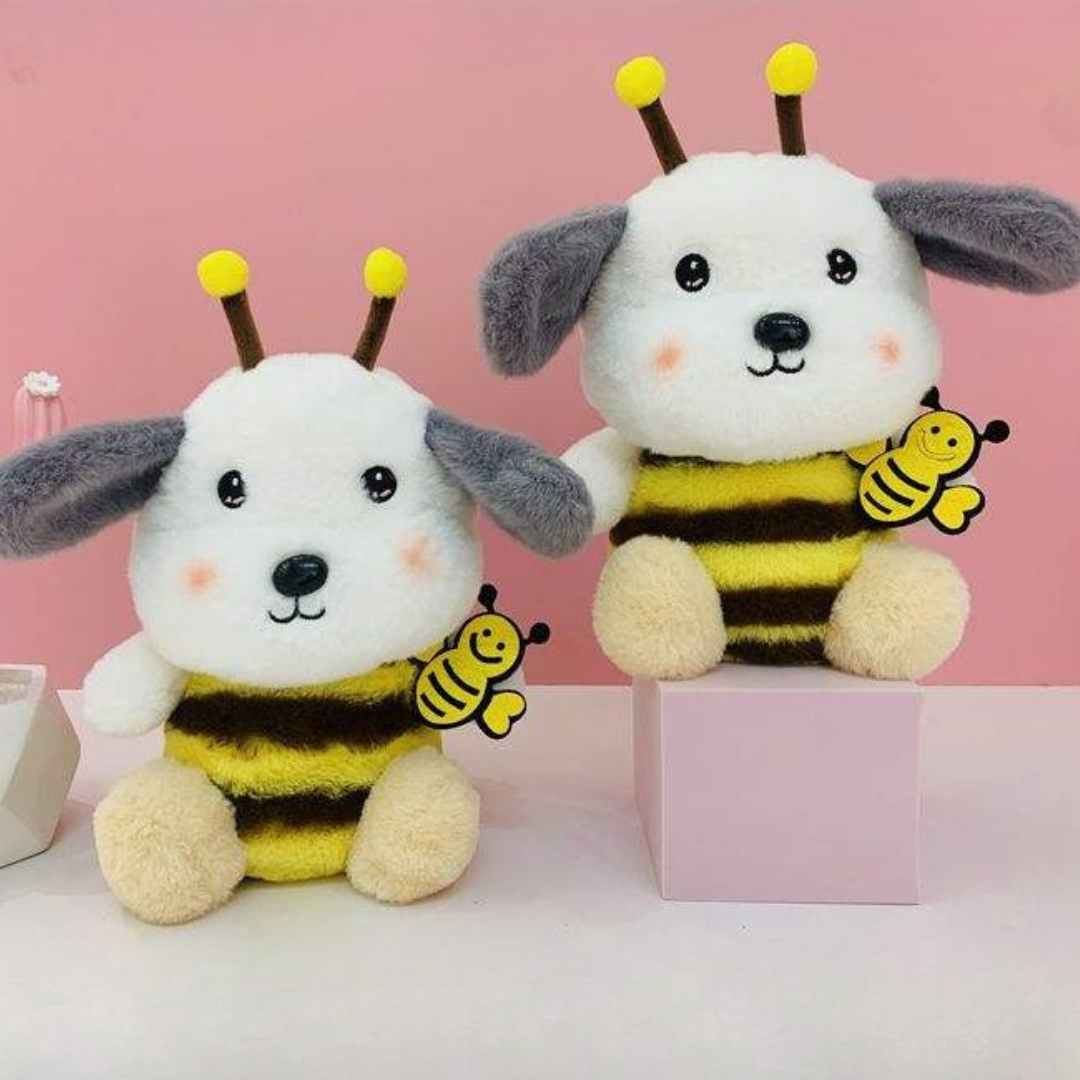 Two Honey Bee Cosplay Puppy Soft Toy on a pink background - Tinyminymo