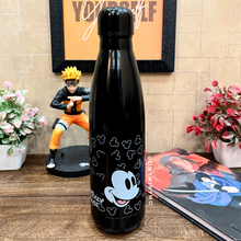 Load image into Gallery viewer, Black Metallic Bottle with Mickey Mouse Design Placed on a Wooden Surface Alongside Naruto Action Figure, Itachi Diary and Flowers in the Background – Tinyminymo