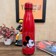 Load image into Gallery viewer, Red Metallic Bottle with Mickey Mouse Design on a Wooden Surface Alongside Naruto Action Figure, Itachi Diary and Flowers in the Background – Tinyminymo