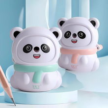 Load image into Gallery viewer, Two Panda Mechanical Sharpener with scarves on a light blue background - Tinyminymo