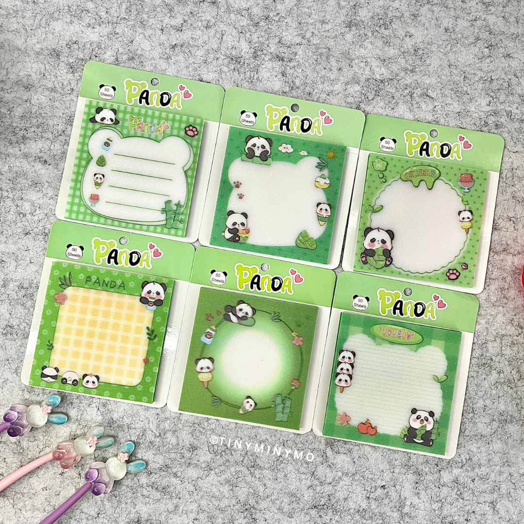 Display of Six Panda Sticky Notes on a Grey Surface with Decorative Items - Tinyminymo