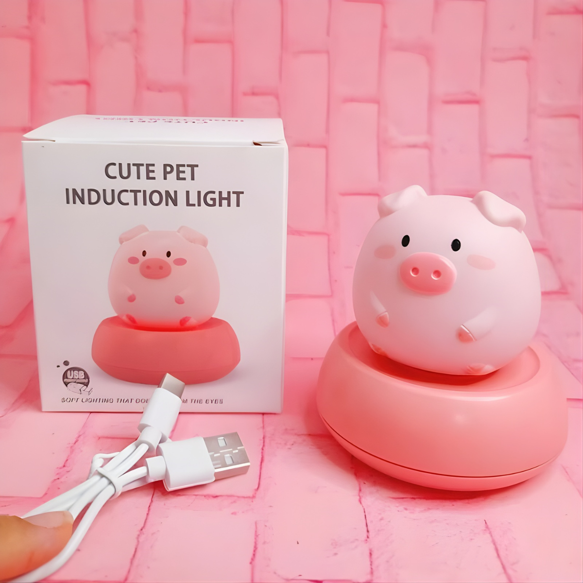 Pink Pig Induction Light with Packaging Box and White Charging Cable - Tinyminymo
