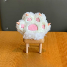 Load image into Gallery viewer, White Plush Paw 3D Keychain Elegantly Displayed on a Wooden Stand Against a Dark Background - Tinyminymo