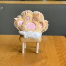 Load image into Gallery viewer, A Beige Plush Paw 3D Keychain Placed on a Wooden Stool Against a Neutral Background - Tinyminymo