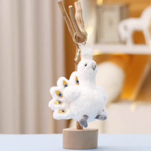 Load image into Gallery viewer, White Plush Peacock Keychain on a Wooden Stand - Tinyminymo