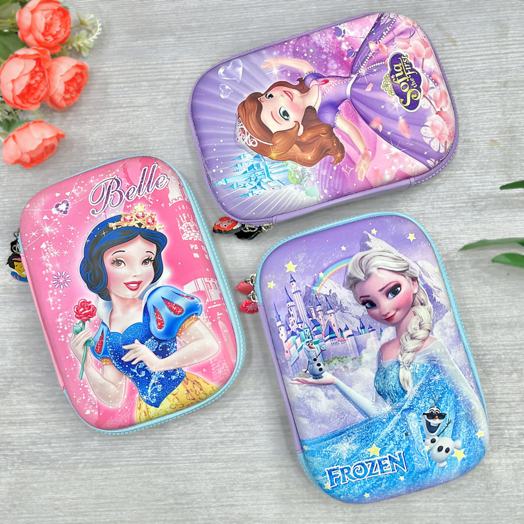 Three Princess 3D Smiggle Pouch featuring characters from 'Belle', 'Sofia the First' and 'Frozen' on a light grey background - Tinyminymo