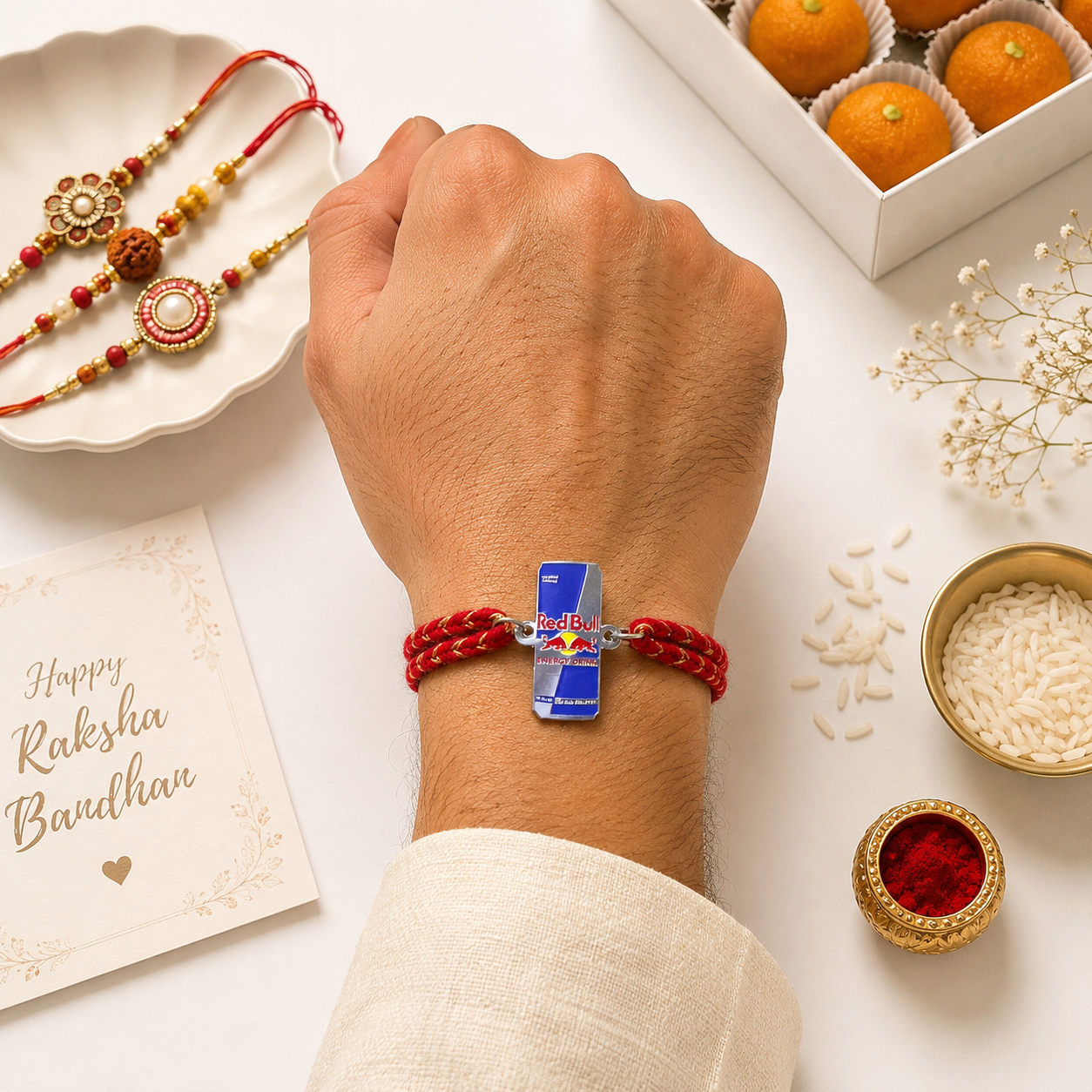 Red Bull Metal Rakhi tied on the Wrist - Tinyminymo