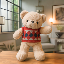 Load image into Gallery viewer, Winter Teddy Soft Toy wearing a Red Sweater with Diamond Patterns - Tinyminymo