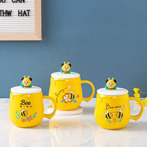 Cute Bee Ceramic Mug with Lid and Spoon - Tinyminymo