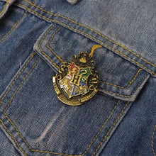 Load image into Gallery viewer, Harry Potter Hogwarts Crest Lapel Pin attached on a Jacket - Tinyminymo