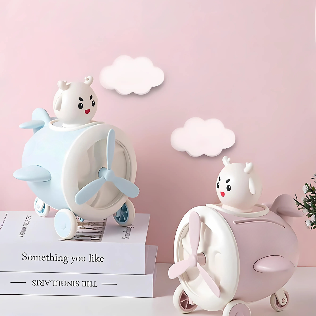 Two 3D Airplane Piggy Bank with Cloud Decorations on a Pink Background - Tinyminymo