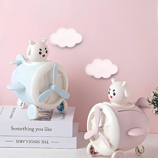 Two 3D Airplane Piggy Bank with Cloud Decorations on a Pink Background - Tinyminymo