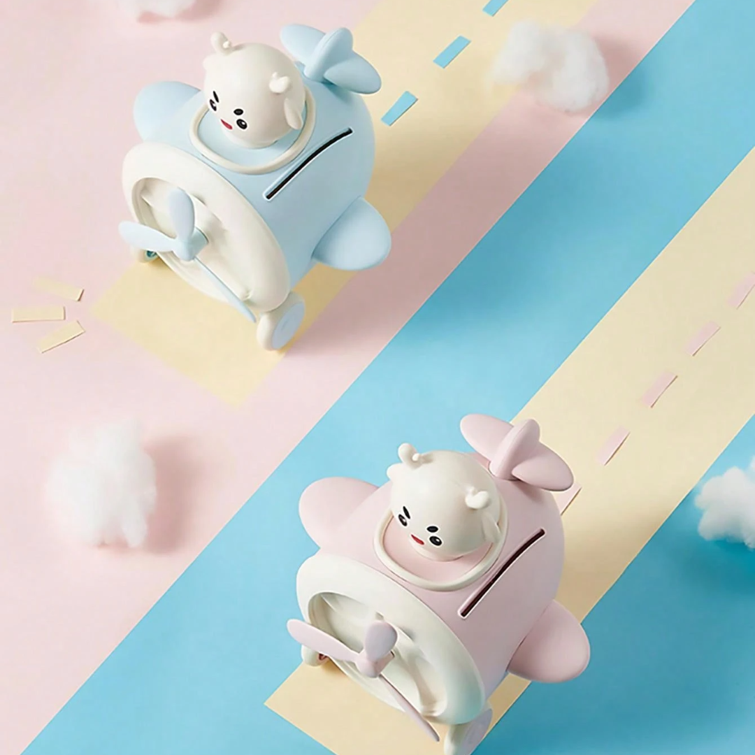 Two cute 3D Airplane Piggy Bank on a Colorful background - Tinyminymo