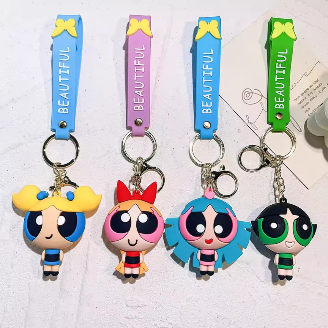 Four 3D Powerpuff Girls Keychain on a Light Background - Tinyminymo