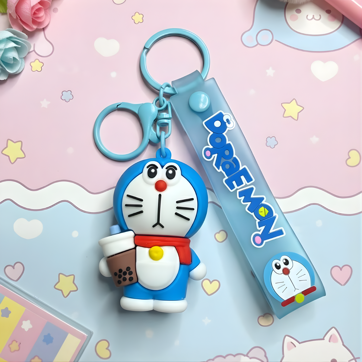 Doraemon Keychain with Coffee in Blue Strap - Tinyminymo