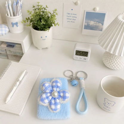 Mirror Keychain with Blue and White Checkered Flower Design - Tinyminymo