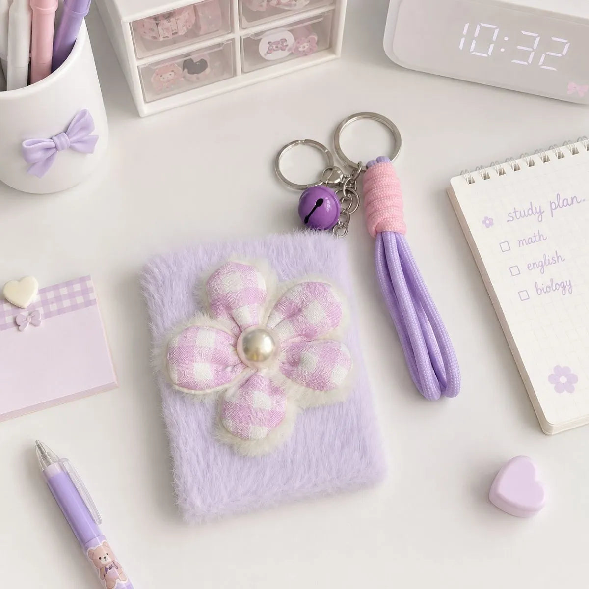 Mirror Keychain with Lavender and White Checkered Flower Design - Tinyminymo