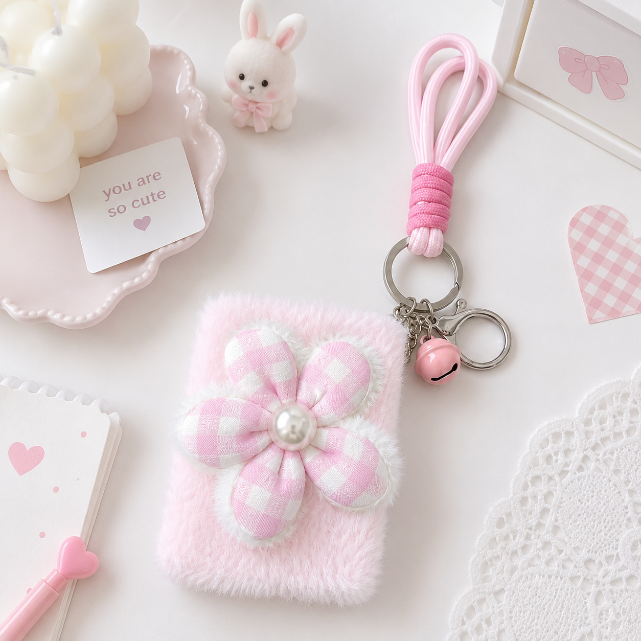 Mirror Keychain with Pink and White Checkered Flower Design - Tinyminymo