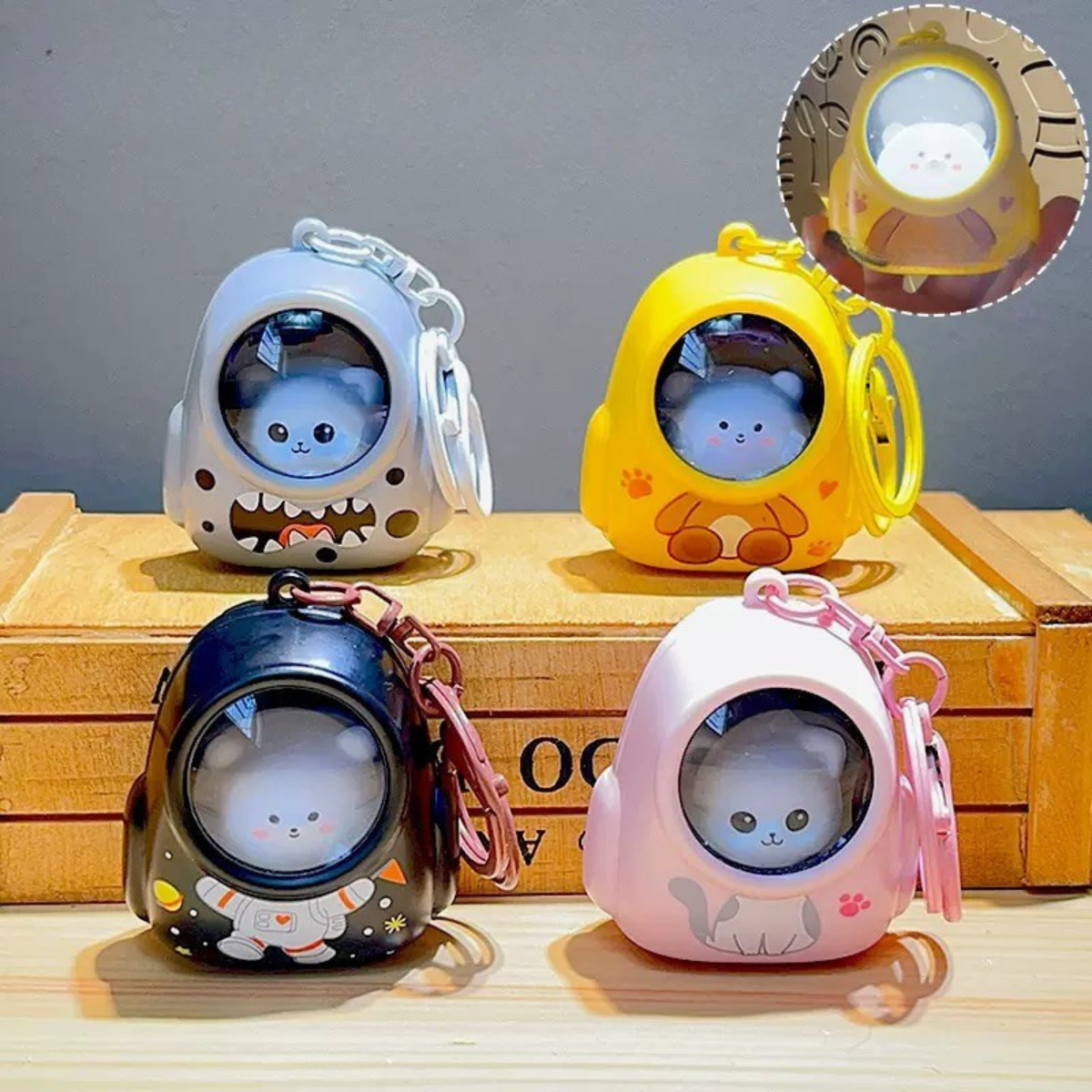 Pink, Yellow, Black and White Astro Animal Lightup Keychain - Tinyminymo
