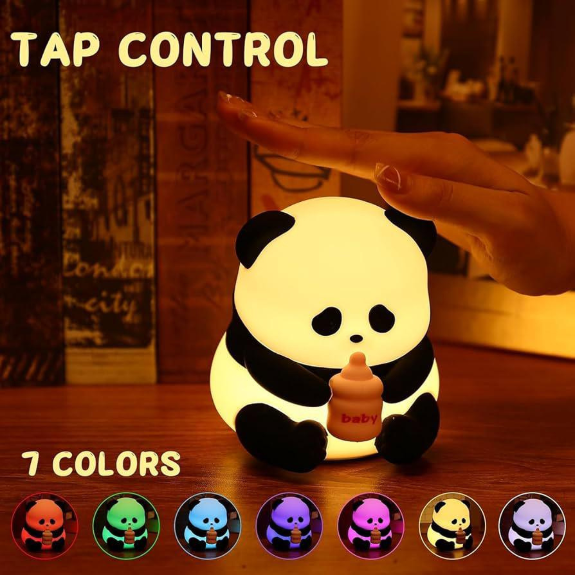 Baby Panda Silicone Night Light with Colorful Options and 'Tap Control' Feature Displayed - Tinyminymo