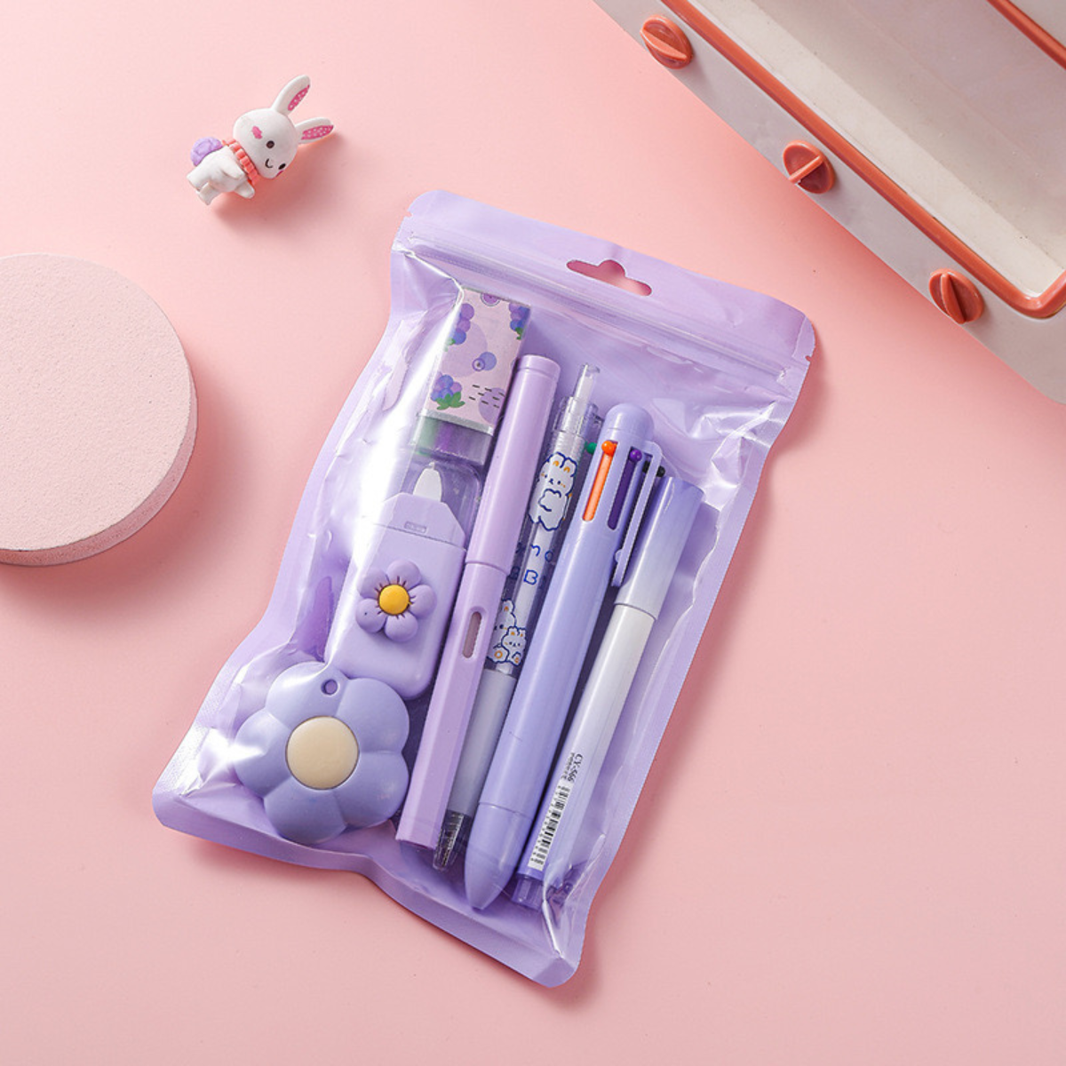 Set of Stationery Items Including Pens and Flower Inspired Items in Purple Color - Tinyminymo