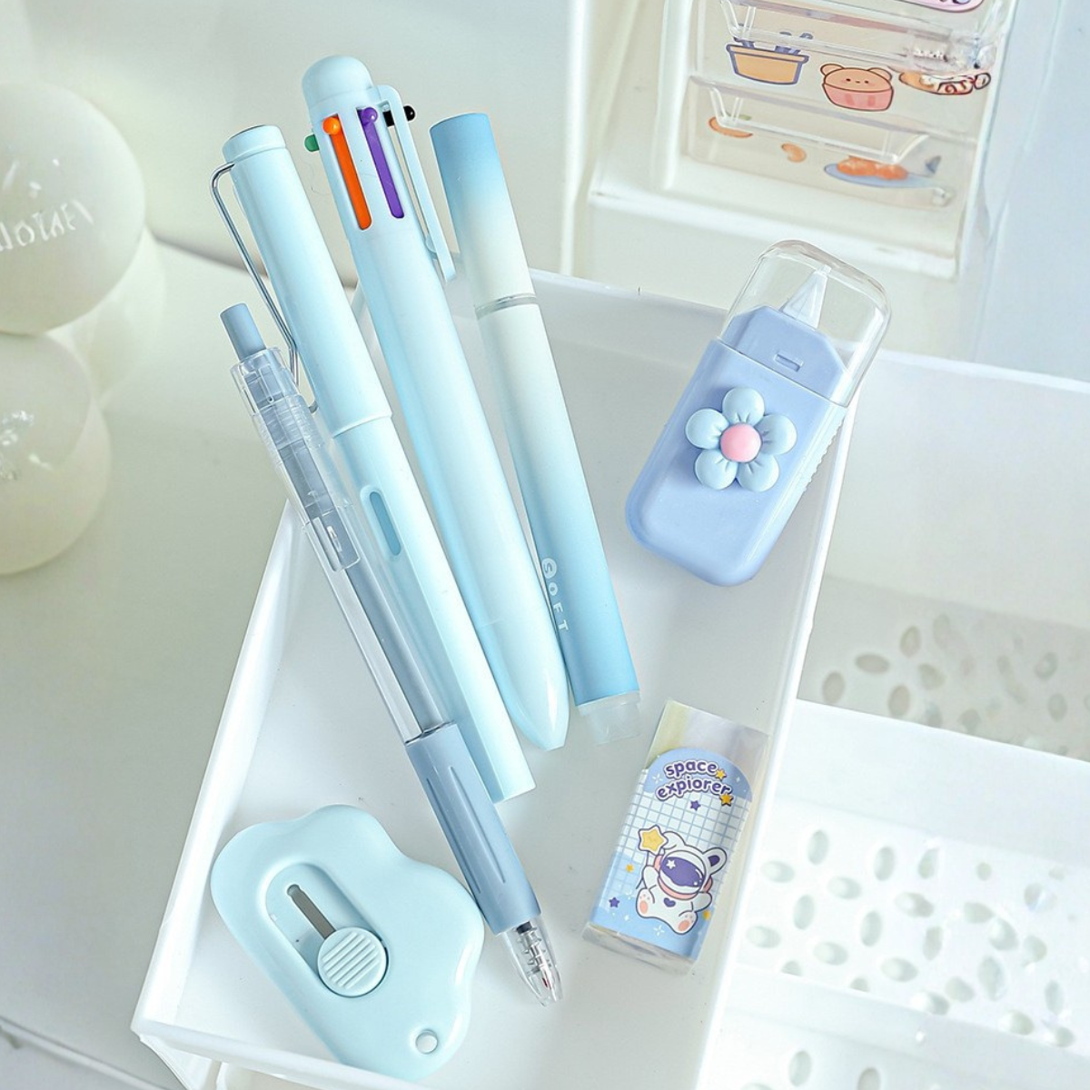 Set of Blue Stationery Items Including Pens and a Eraser - Tinyminymo