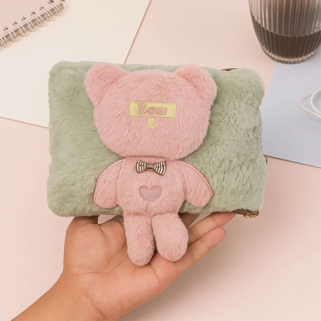 Green Bear Electric Furr Hot Water Bag Held in a Hand - Tinyminymo