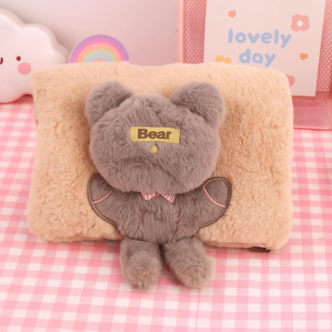 Beige Bear Electric Furr Hot Water Bag on a Checkered Surface - Tinyminymo