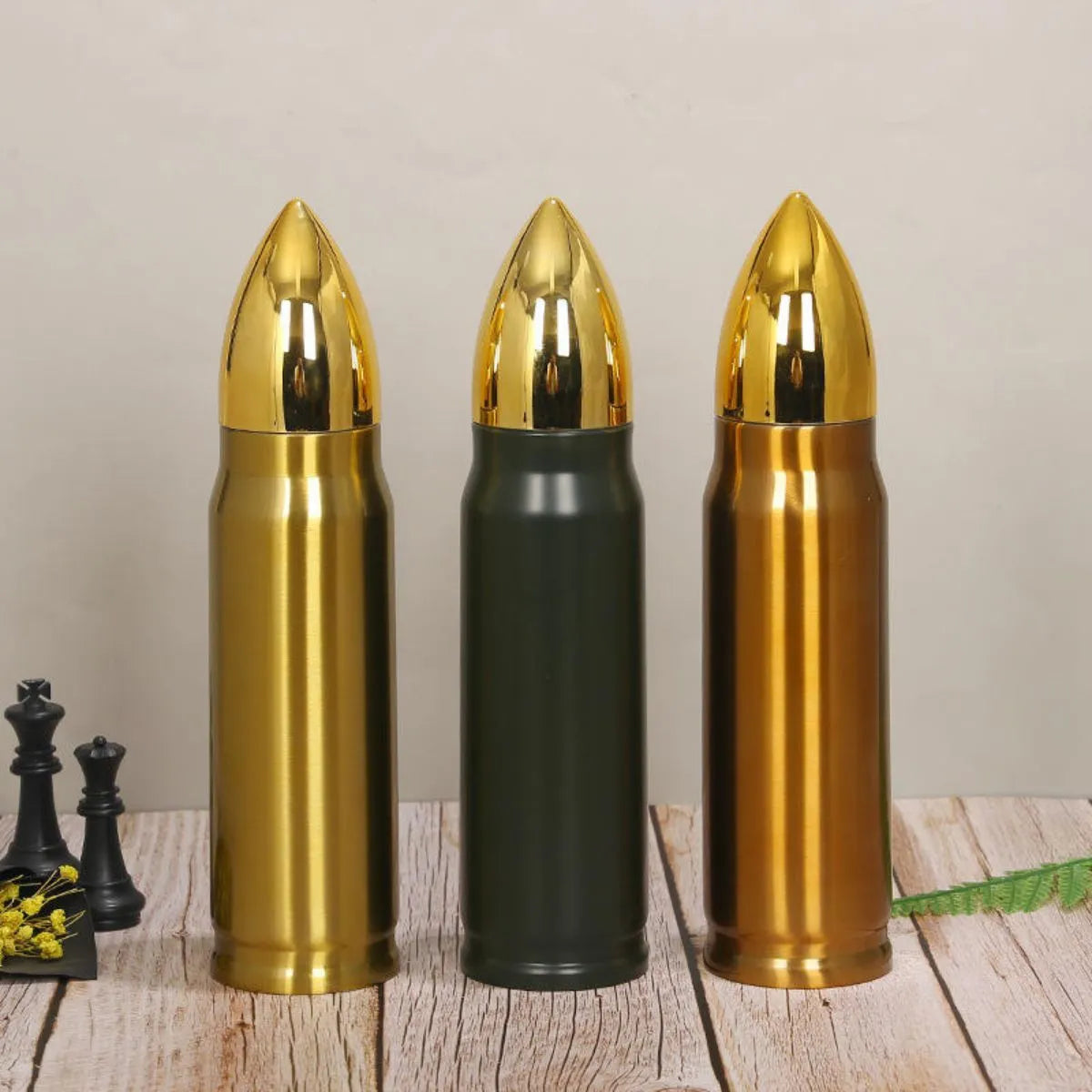 Three Metallic Bullet-shaped Bottles with Gold Caps - Tinyminymo