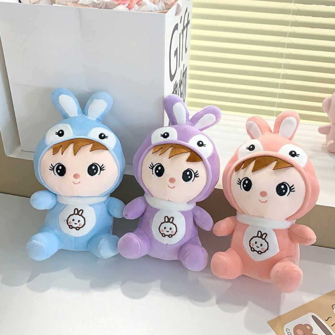 Three Small Bunny Cosplay Little Girl Soft Toy in Blue, Purple and Pink Color on a light surface - Tinyminymo