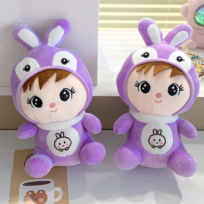 Two Medium Size Purple Bunny Cosplay Little Girl Plush Toys on the Table - Tinyminymo