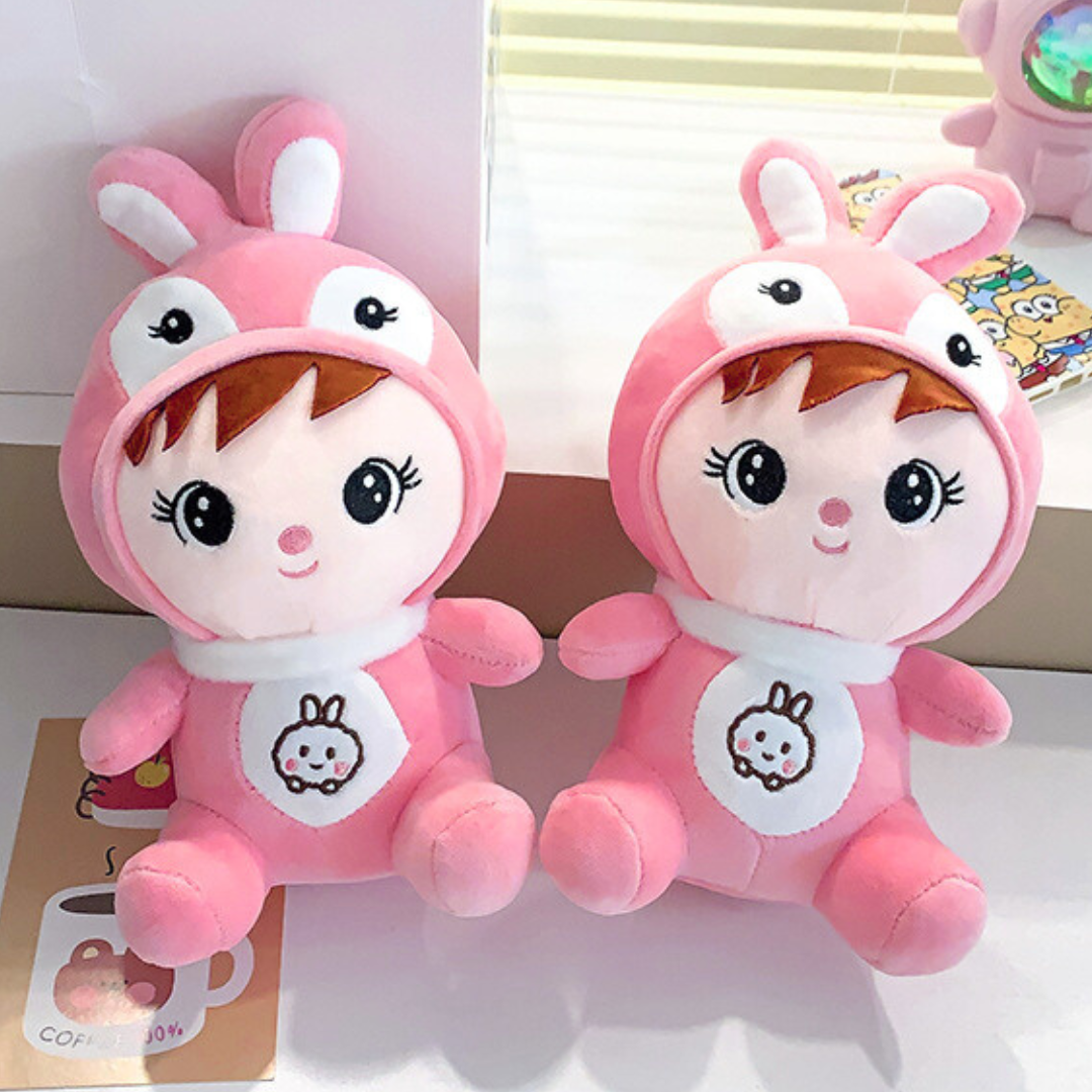 Two Pink Medium Bunny Cosplay Little Girl Plush Toys on the Table - Tinyminymo