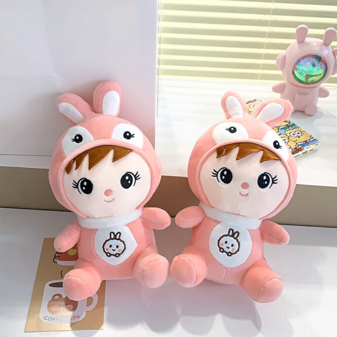 Two Small Peach Bunny Cosplay Little Girl Plush Toys on the Table - Tinyminymo