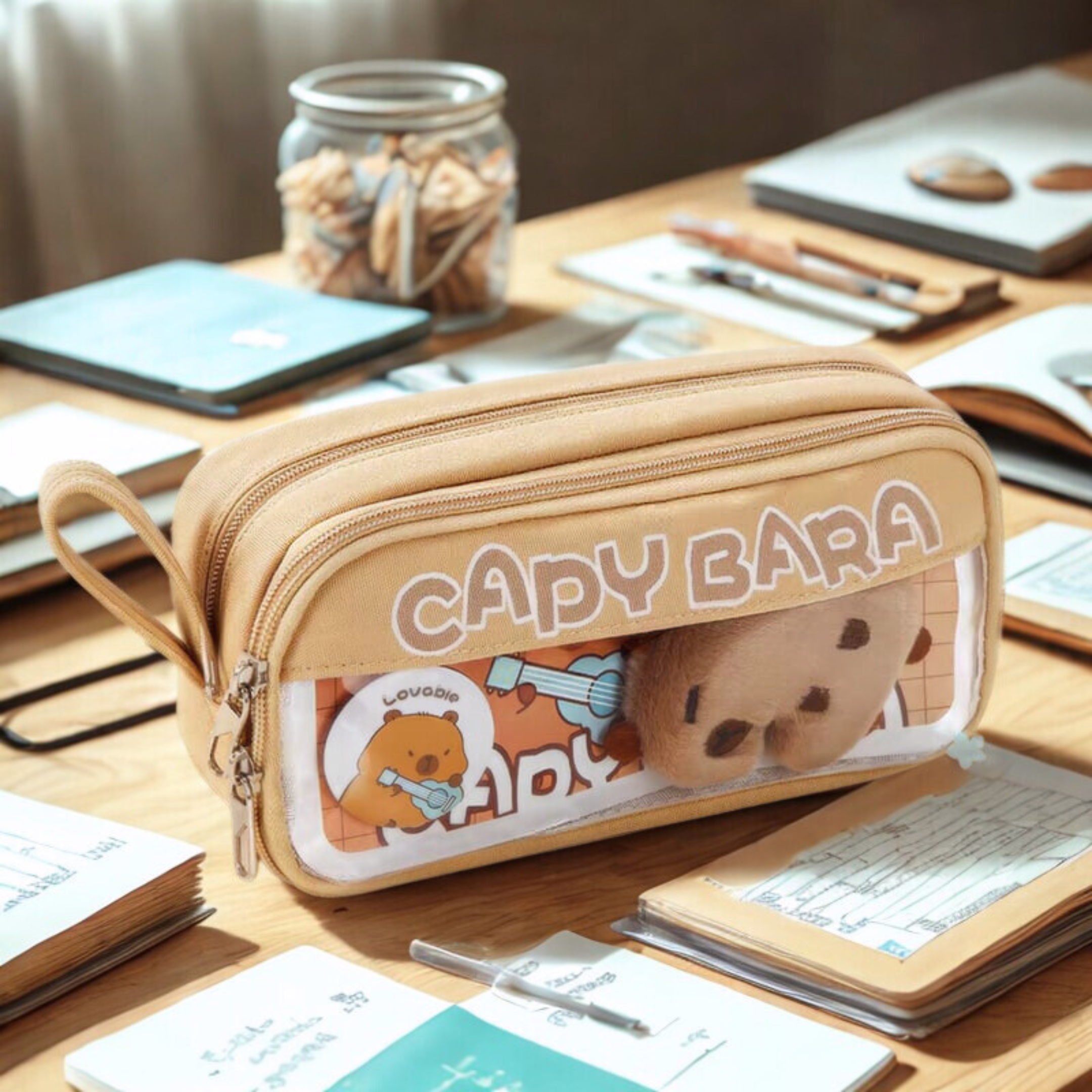 Pencil case with 'Capybara' design on a desk in Beige Color - Tinyminymo
