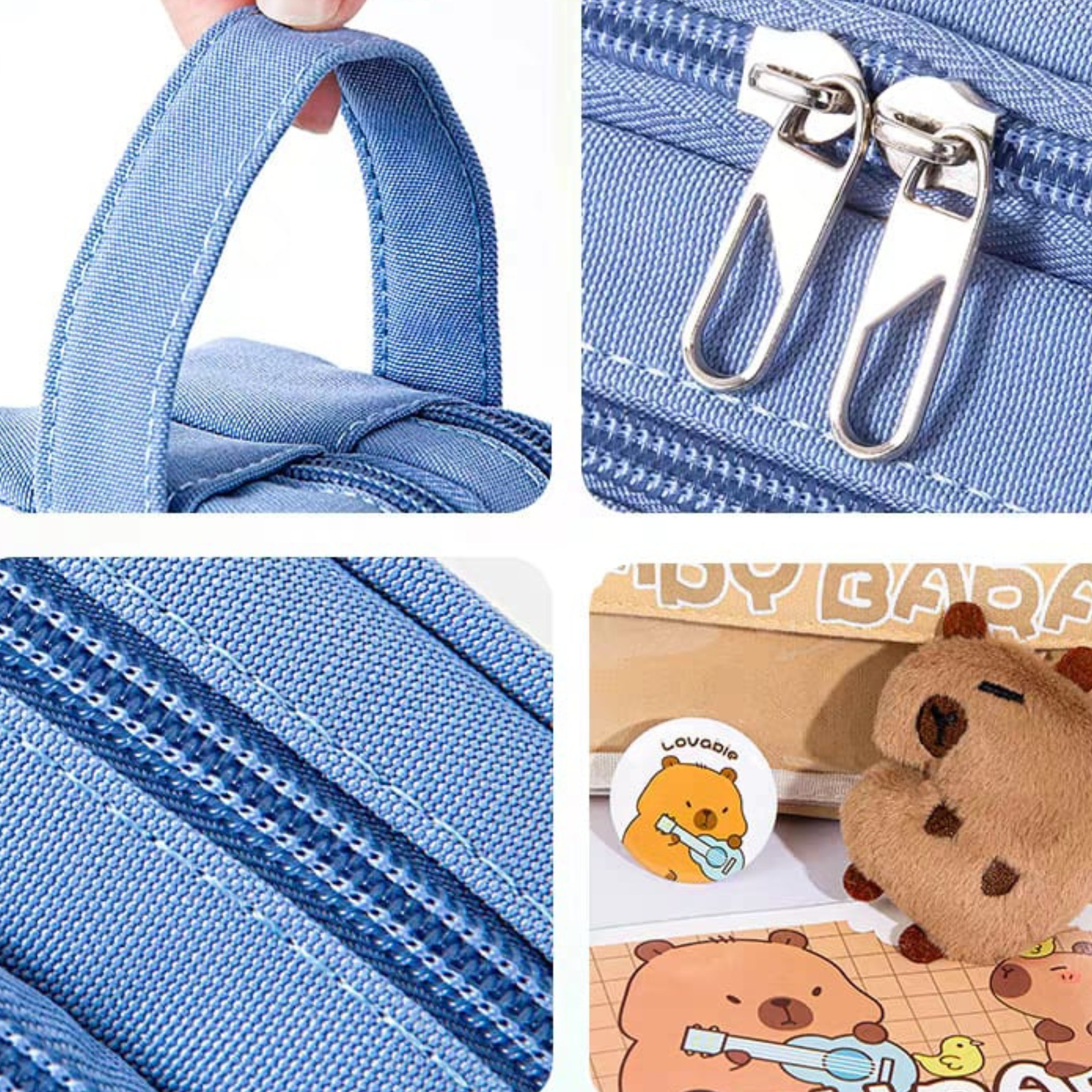 Collage of Blue Capybara Pencil Pouch Showcasing its Features - Tinyminymo