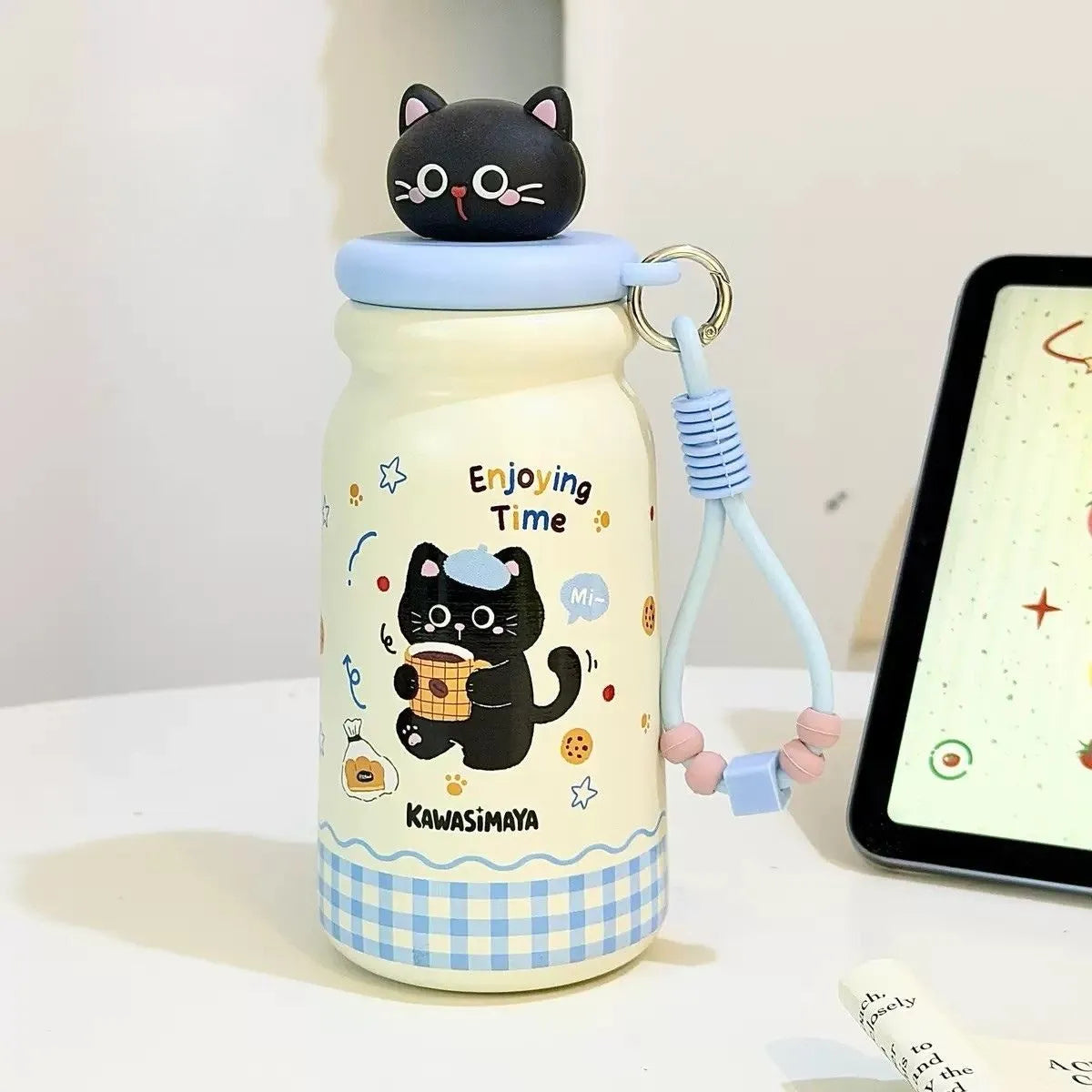 Blue Color of Cat Insulated Sipper Bottle - Tinyminymo