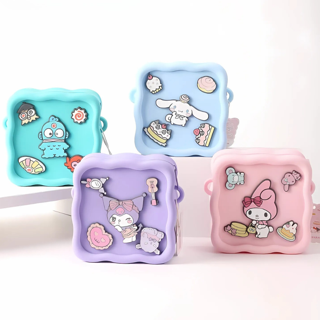 Four Colorful Silicone Sling Bags Featuring Sanrio Character Designs on a White Background - Tinyminymo