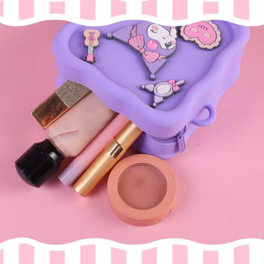 Makeup Products Including Lipstick, Blush and Mascara on a Pink Background, Alongside a Character Silicone Sling Bag Featuring Sanrio Character - Tinyminymo