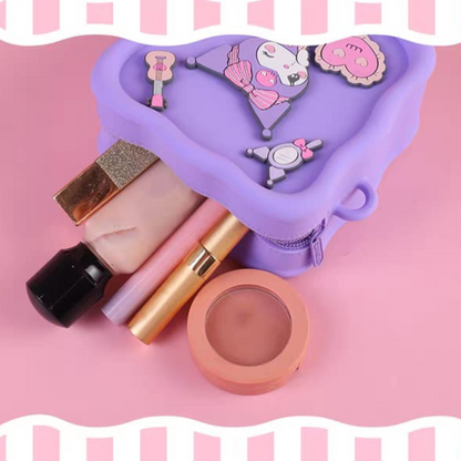 Makeup Products Including Lipstick, Blush and Mascara on a Pink Background, Alongside a Character Silicone Sling Bag Featuring Sanrio Character - Tinyminymo