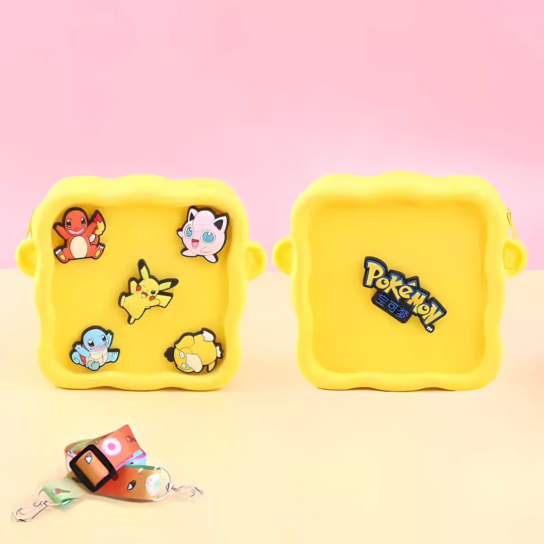 Pokemon Character Silicone Sling Bags with Character Illustrations on a Pink Background - Tinyminymo
